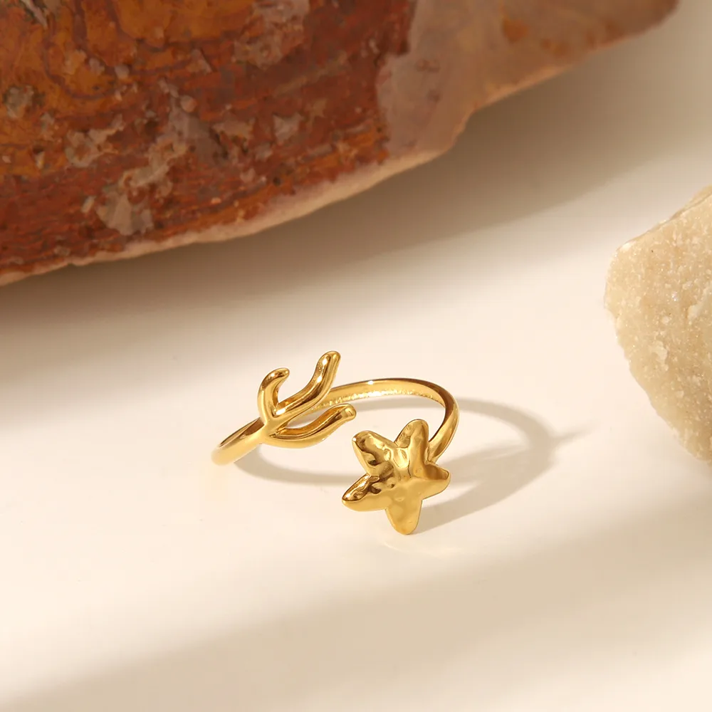 IG Style Marine Style Starfish Swirl Pattern Heart Shape 304 Stainless Steel Natural Stone Asymmetrical Natural Stone 18K Gold Plated Women's Open Rings display picture 18