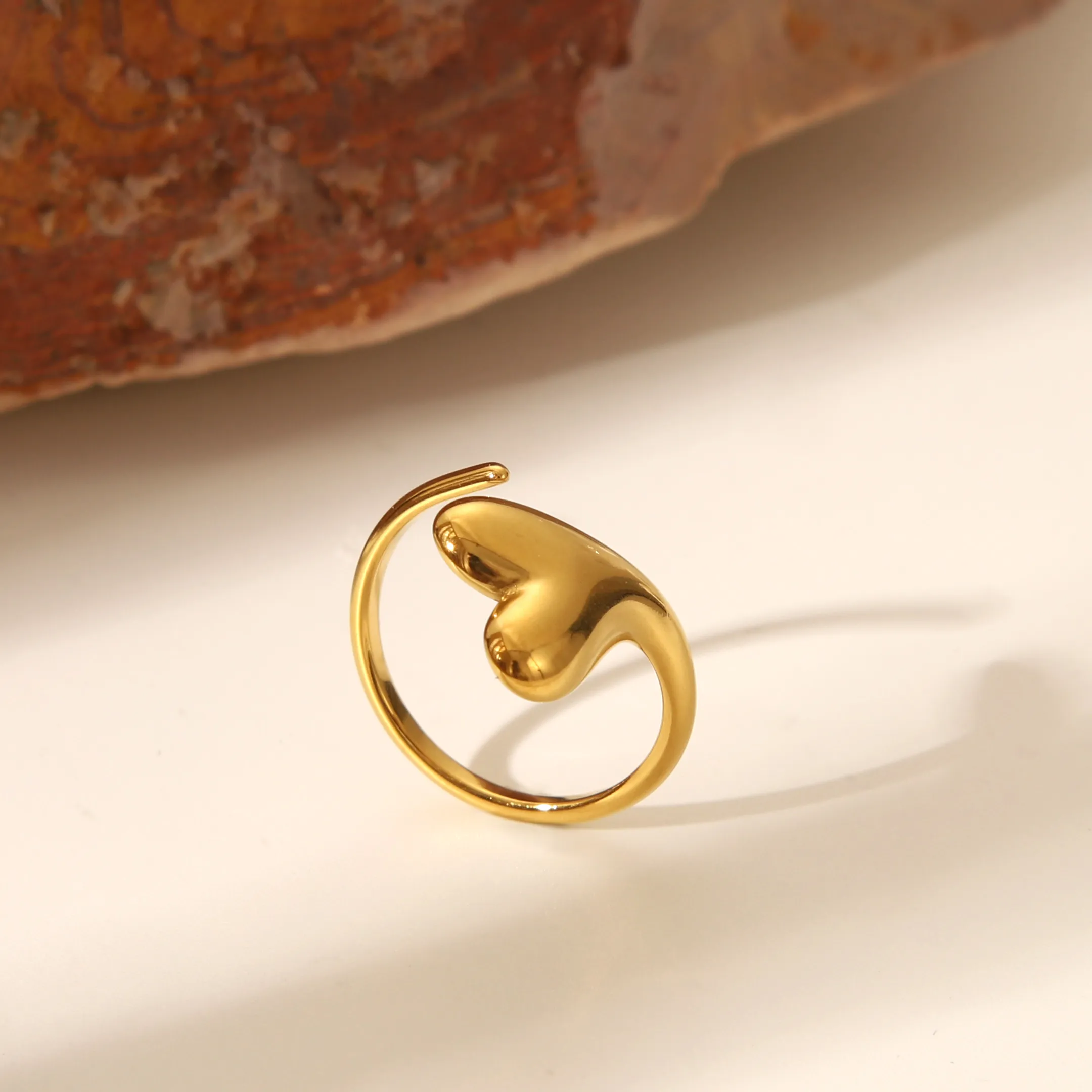 IG Style Marine Style Starfish Swirl Pattern Heart Shape 304 Stainless Steel Natural Stone Asymmetrical Natural Stone 18K Gold Plated Women's Open Rings display picture 23