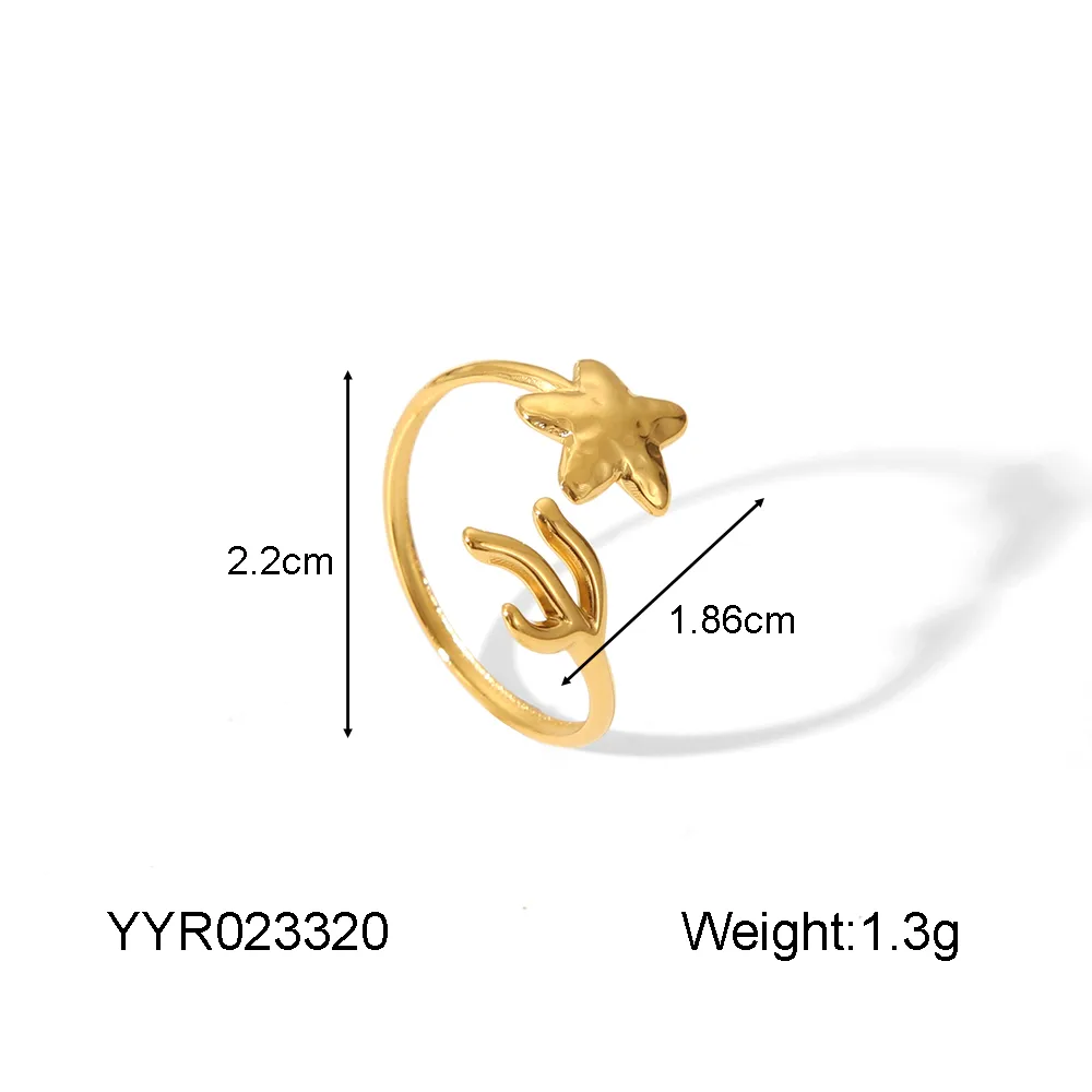 IG Style Marine Style Starfish Swirl Pattern Heart Shape 304 Stainless Steel Natural Stone Asymmetrical Natural Stone 18K Gold Plated Women's Open Rings display picture 3
