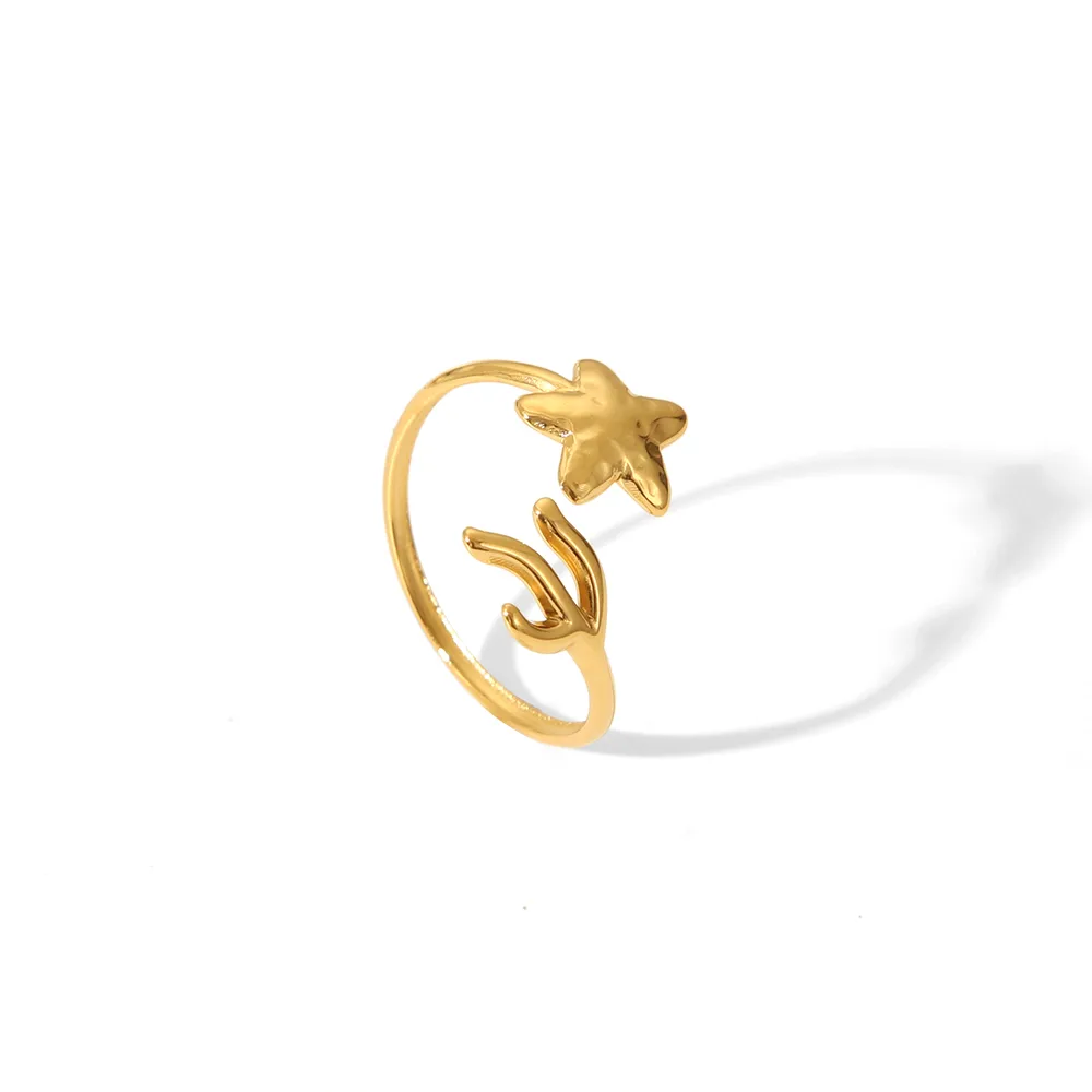 IG Style Marine Style Starfish Swirl Pattern Heart Shape 304 Stainless Steel Natural Stone Asymmetrical Natural Stone 18K Gold Plated Women's Open Rings display picture 13