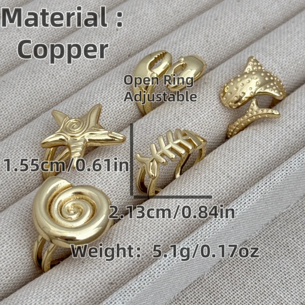 Retro Marine Style Classic Style Starfish Conch Fish Copper Asymmetrical 18K Gold Plated Women's Open Rings display picture 9