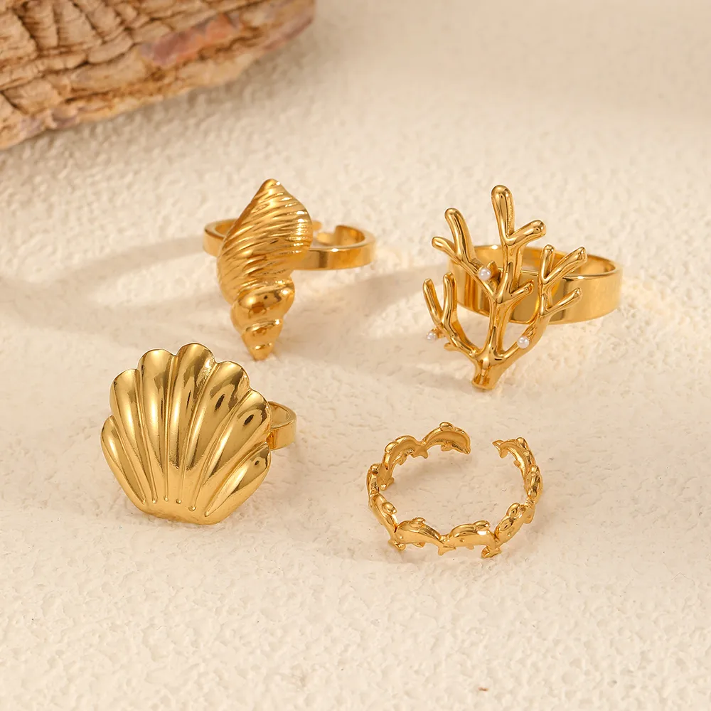 Marine Style Beach Scallop Dolphin Coral 304 Stainless Steel Plating 18K Gold Plated Women's Rings display picture 1