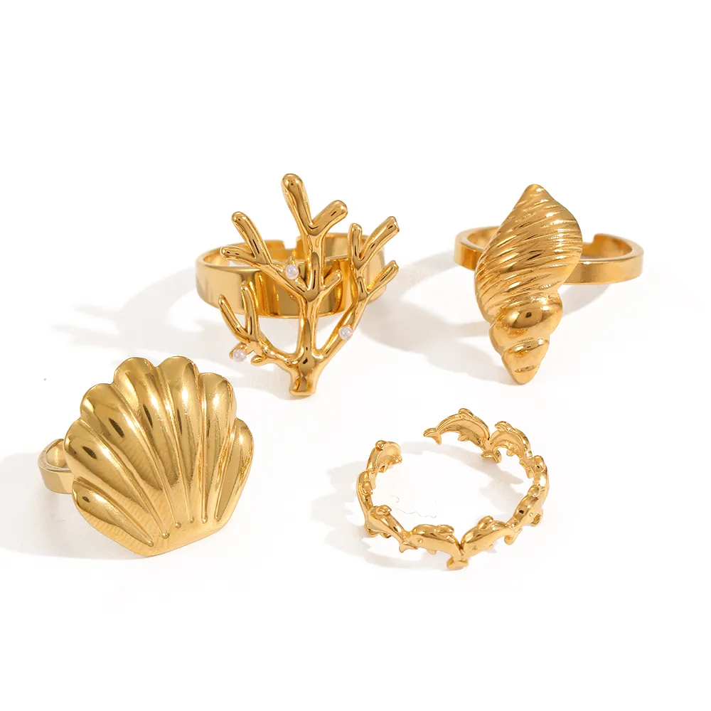 Marine Style Beach Scallop Dolphin Coral 304 Stainless Steel Plating 18K Gold Plated Women's Rings display picture 3