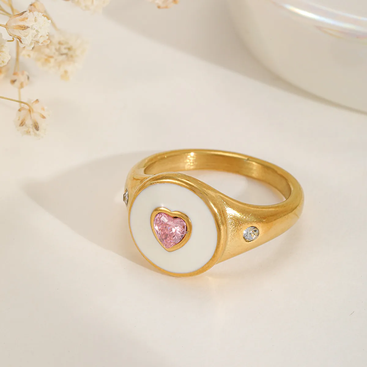 Casual Basic Simple Style Geometric Heart Shape 304 Stainless Steel Enamel Inlay Zircon 18K Gold Plated Valentine'S Day Women's Rings display picture 1