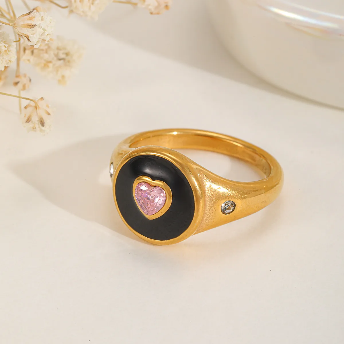 Casual Basic Simple Style Geometric Heart Shape 304 Stainless Steel Enamel Inlay Zircon 18K Gold Plated Valentine'S Day Women's Rings display picture 2