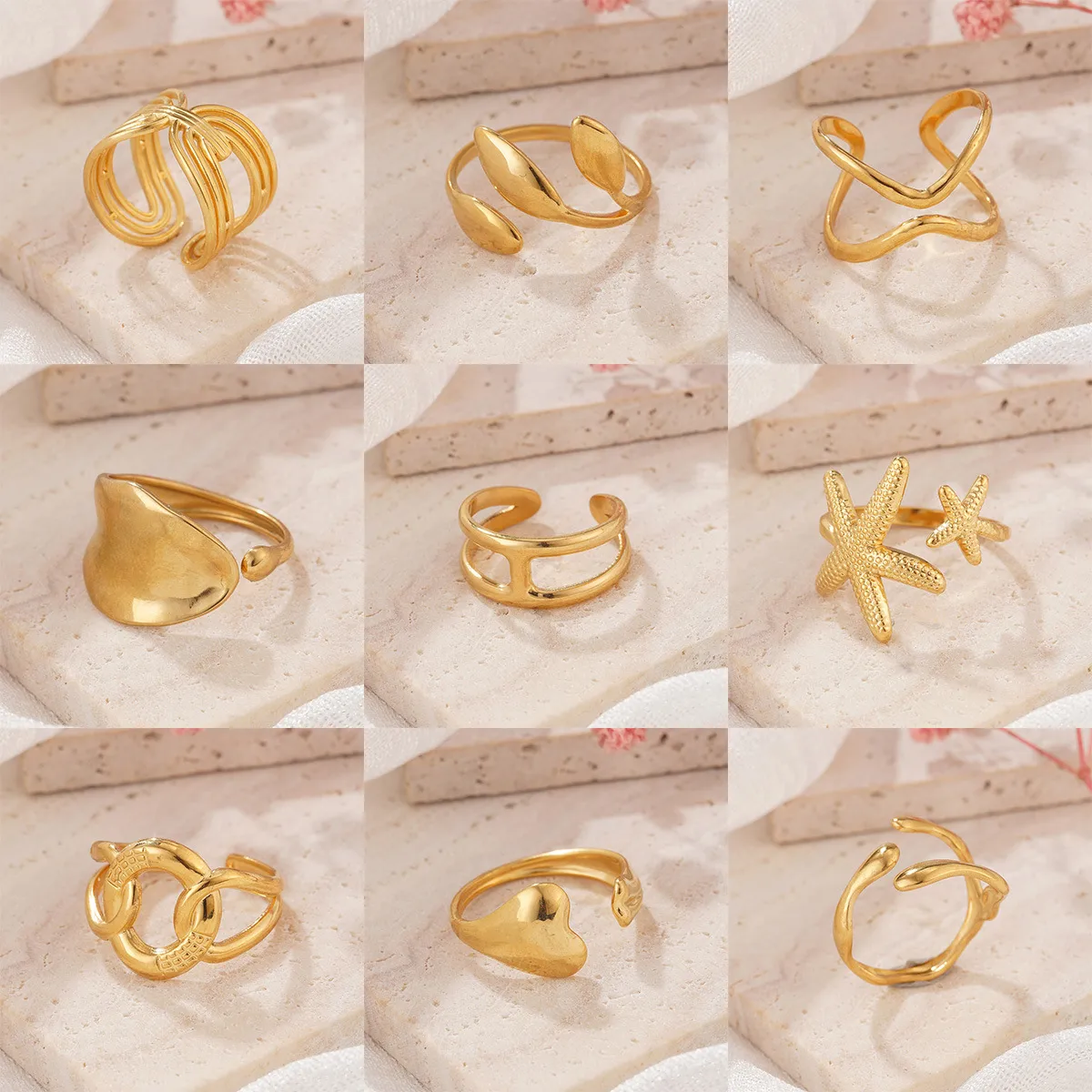 Retro Classic Style Geometric Starfish Heart Shape 304 Stainless Steel Plating Women's Open Rings display picture 1