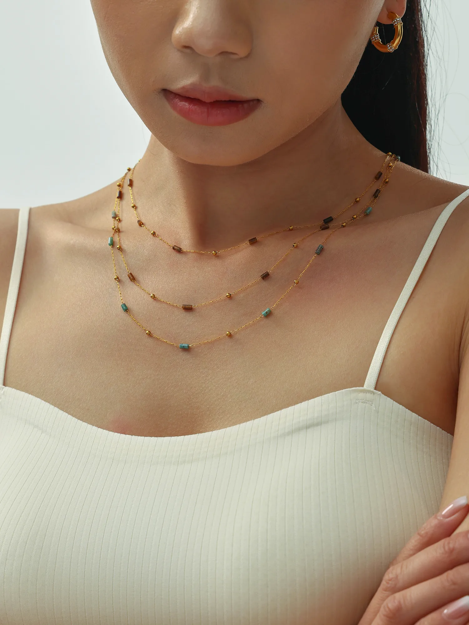 Casual Solid Color 304 Stainless Steel Natural Stone Beaded 18K Gold Plated Women's Necklace display picture 10