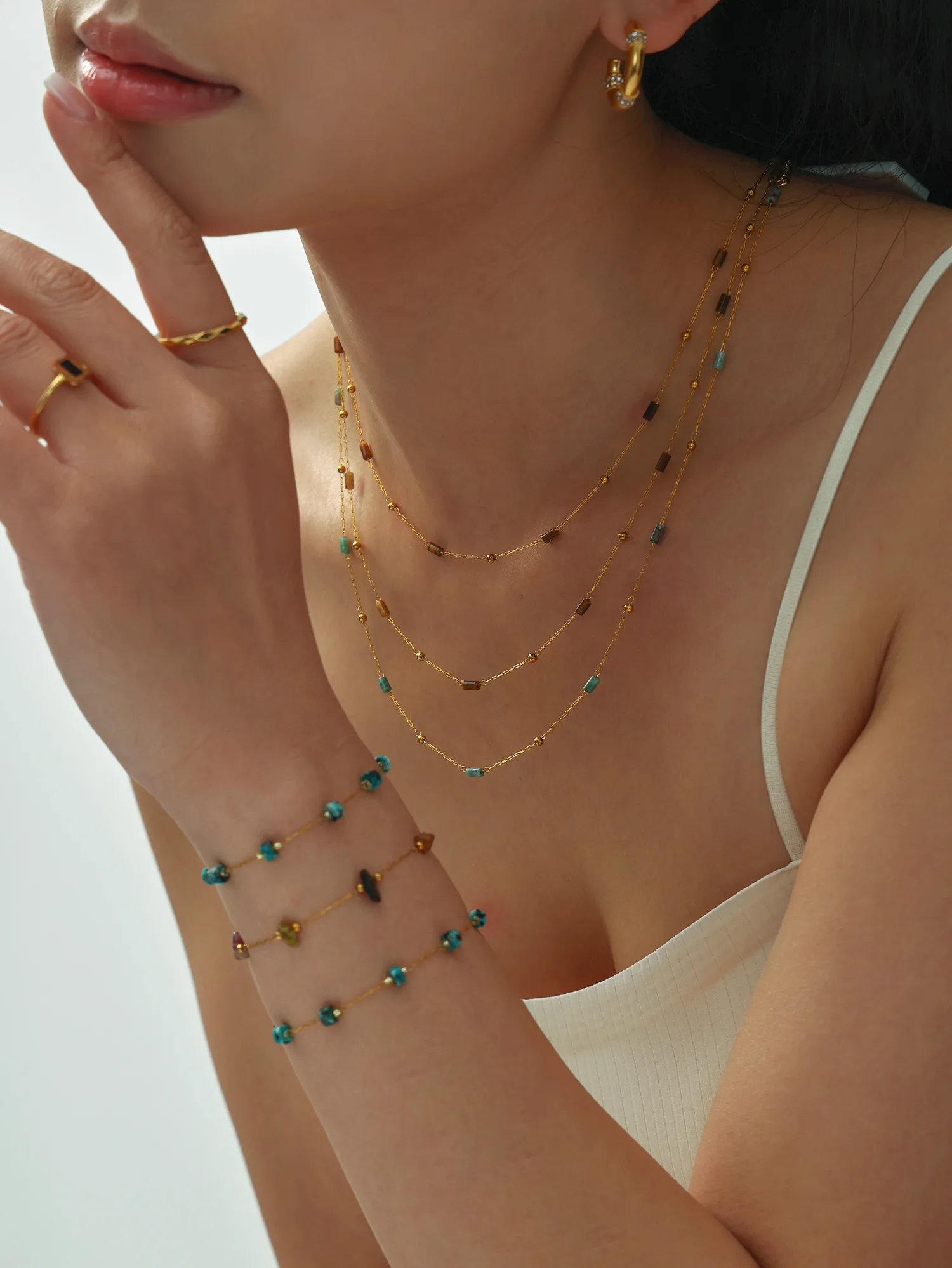 Casual Solid Color 304 Stainless Steel Natural Stone Beaded 18K Gold Plated Women's Necklace display picture 6