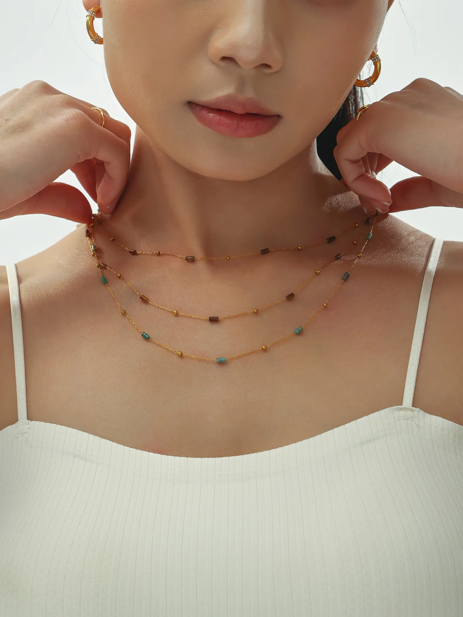 Casual Solid Color 304 Stainless Steel Natural Stone Beaded 18K Gold Plated Women's Necklace display picture 9