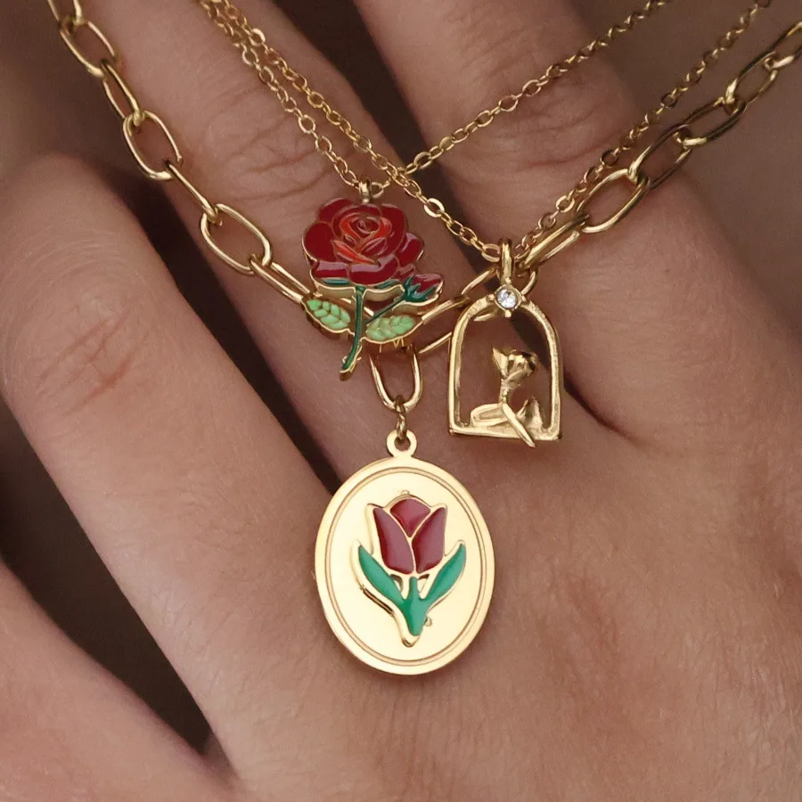 Retro Classic Style Rose Flower Tulips 304 Stainless Steel Plating 18K Gold Plated Unisex Pendant Necklace display picture 4