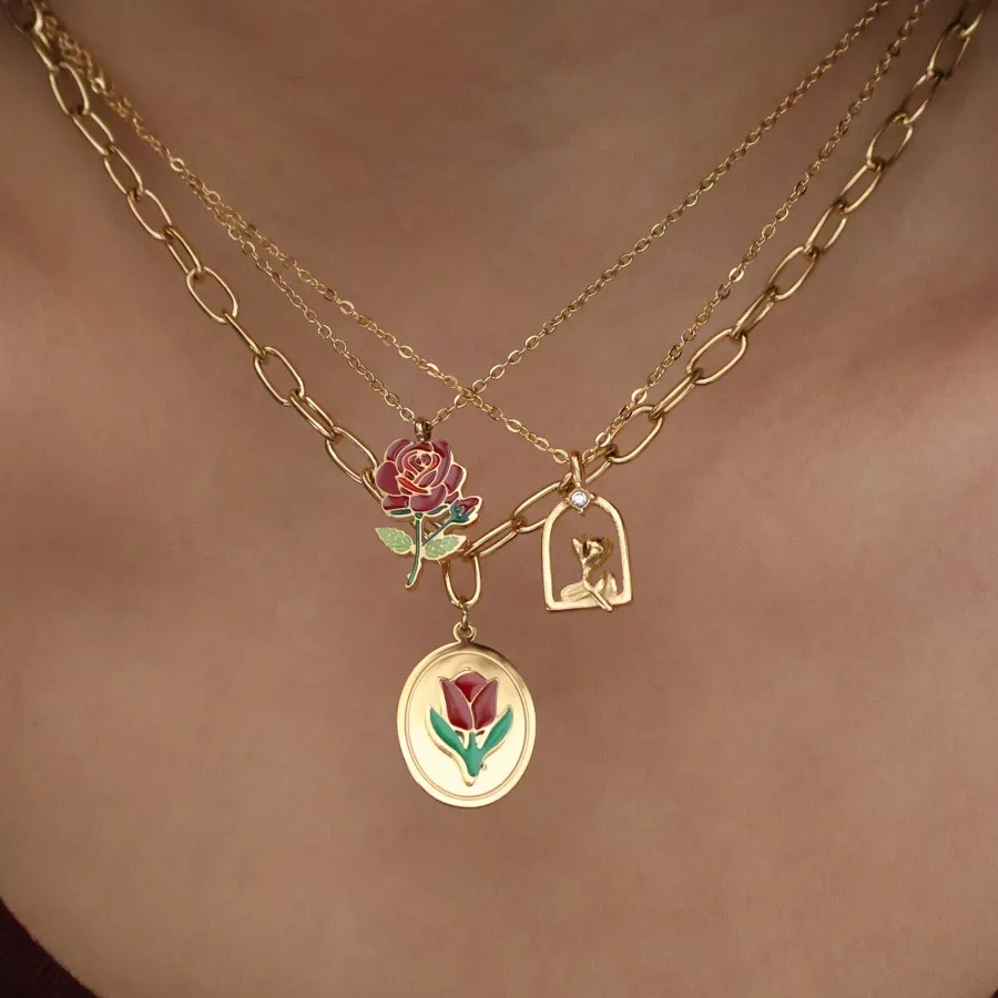 Retro Classic Style Rose Flower Tulips 304 Stainless Steel Plating 18K Gold Plated Unisex Pendant Necklace display picture 9