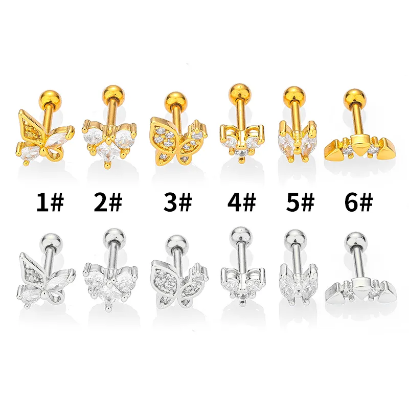 1 Piece Casual Simple Style Heart Shape Butterfly 316L Stainless Steel  Zircon 14K Gold Plated Cartilage Earrings display picture 3