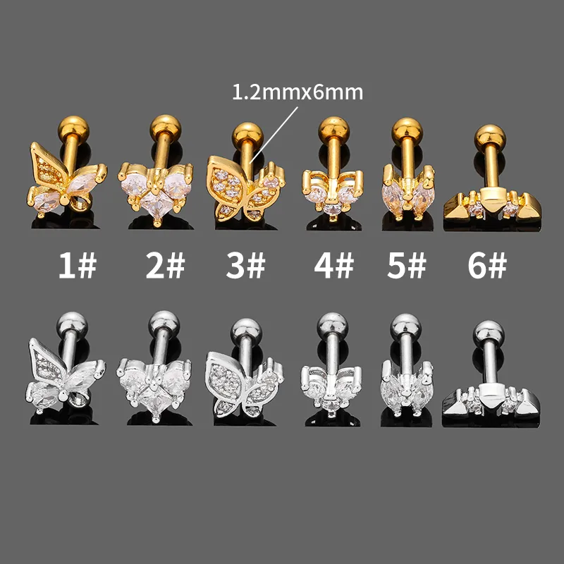 1 Piece Casual Simple Style Heart Shape Butterfly 316L Stainless Steel  Zircon 14K Gold Plated Cartilage Earrings display picture 2