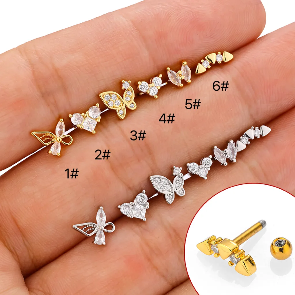 1 Piece Casual Simple Style Heart Shape Butterfly 316L Stainless Steel  Zircon 14K Gold Plated Cartilage Earrings display picture 4