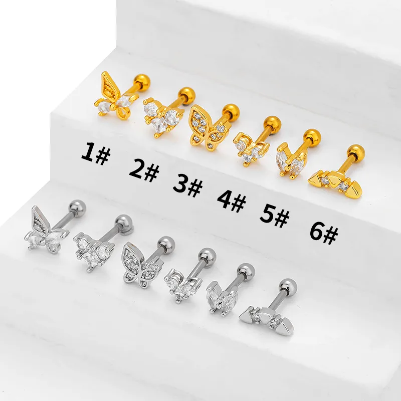 1 Piece Casual Simple Style Heart Shape Butterfly 316L Stainless Steel  Zircon 14K Gold Plated Cartilage Earrings display picture 5