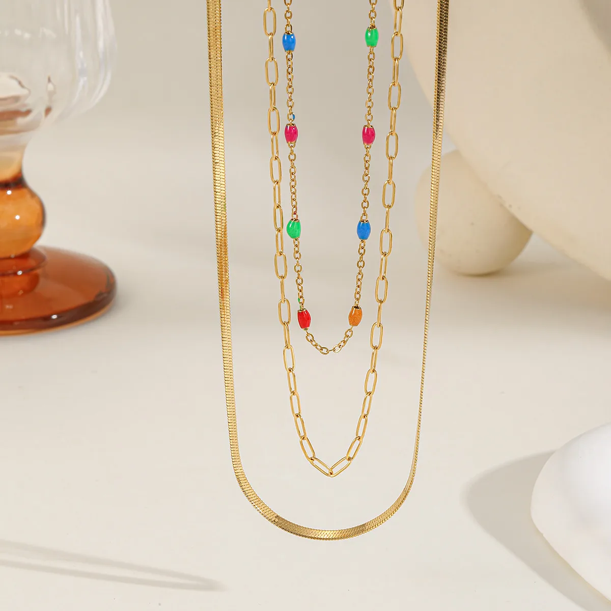 Casual Artistic Geometric 304 Stainless Steel Epoxy 18K Gold Plated Women's Three Layer Necklace display picture 2