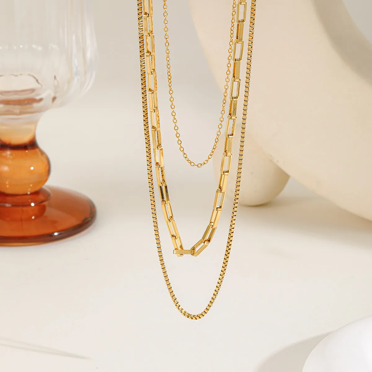 Casual Artistic Geometric 304 Stainless Steel Epoxy 18K Gold Plated Women's Three Layer Necklace display picture 1