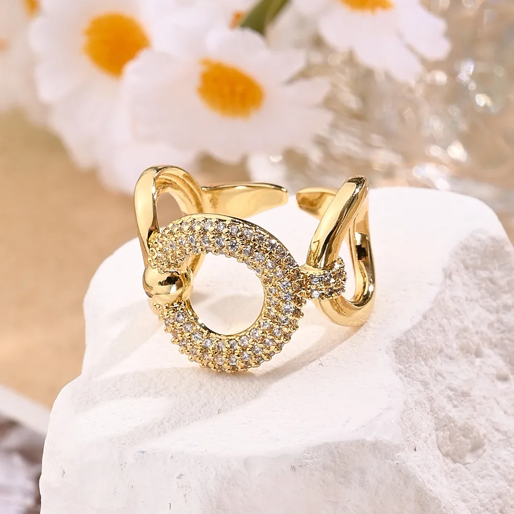 Casual Modern Style Simple Style Coffee Beans Round Horseshoe Buckle Copper Handmade Polishing Inlay Zircon 18K Gold Plated Women's Open Rings display picture 5