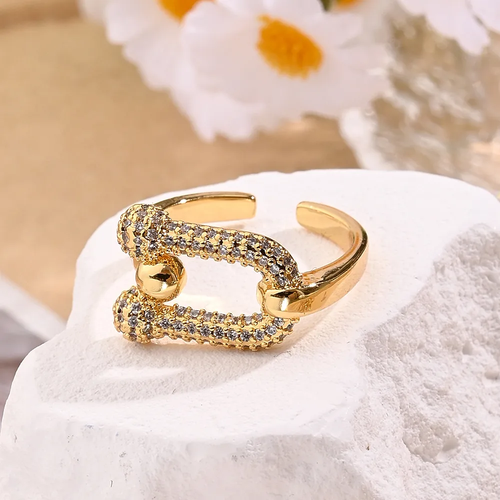 Casual Modern Style Simple Style Coffee Beans Round Horseshoe Buckle Copper Handmade Polishing Inlay Zircon 18K Gold Plated Women's Open Rings display picture 7