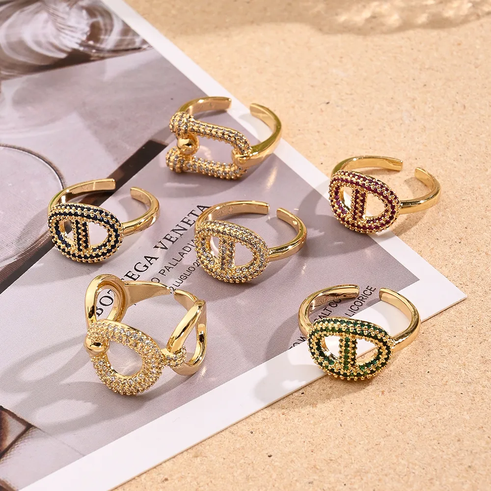 Casual Modern Style Simple Style Coffee Beans Round Horseshoe Buckle Copper Handmade Polishing Inlay Zircon 18K Gold Plated Women's Open Rings display picture 1