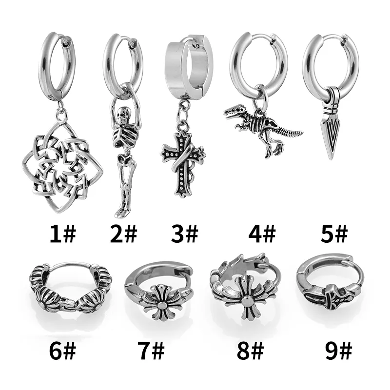 1 Piece Vintage Style Dinosaur Flower Skull Polishing Hollow Out 316L Stainless Steel  Zircon Drop Earrings display picture 2