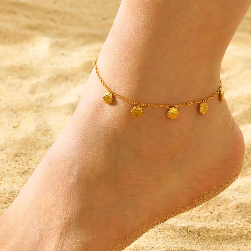 Elegant Simple Style Commute Round Shell 316L Stainless Steel  Rhinestones 18K Gold Plated Women's Bracelets Anklet Necklace display picture 10