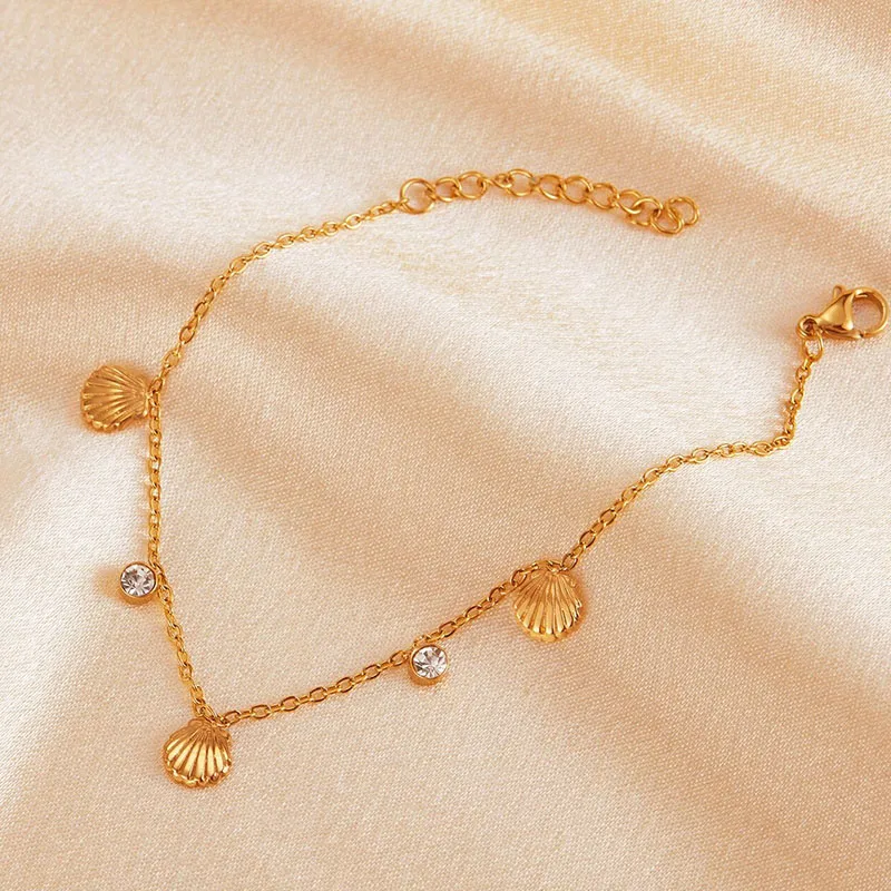Elegant Simple Style Commute Round Shell 316L Stainless Steel  Rhinestones 18K Gold Plated Women's Bracelets Anklet Necklace display picture 12