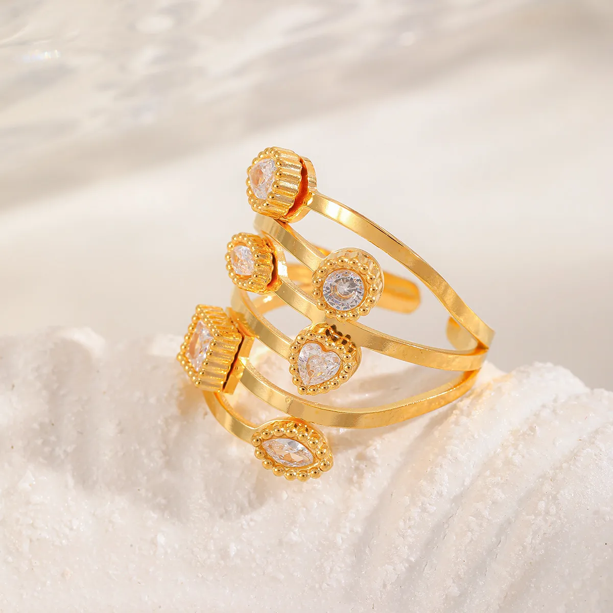 Cute Romantic Shiny Sun Leaves Heart Shape 304 Stainless Steel Inlay Zircon 18K Gold Plated Women's Open Rings display picture 5