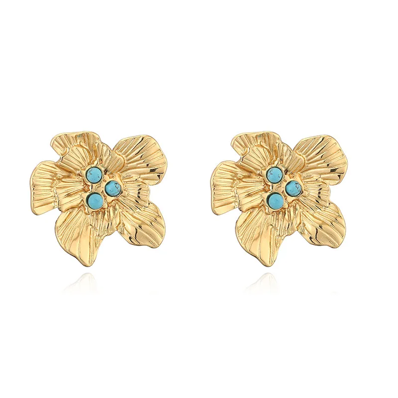 1 Pair Retro Luxurious Water Droplets Petal Fish Tail Plating Inlay 304 Stainless Steel Artificial Turquoise 18K Gold Plated Drop Earrings Ear Studs display picture 7