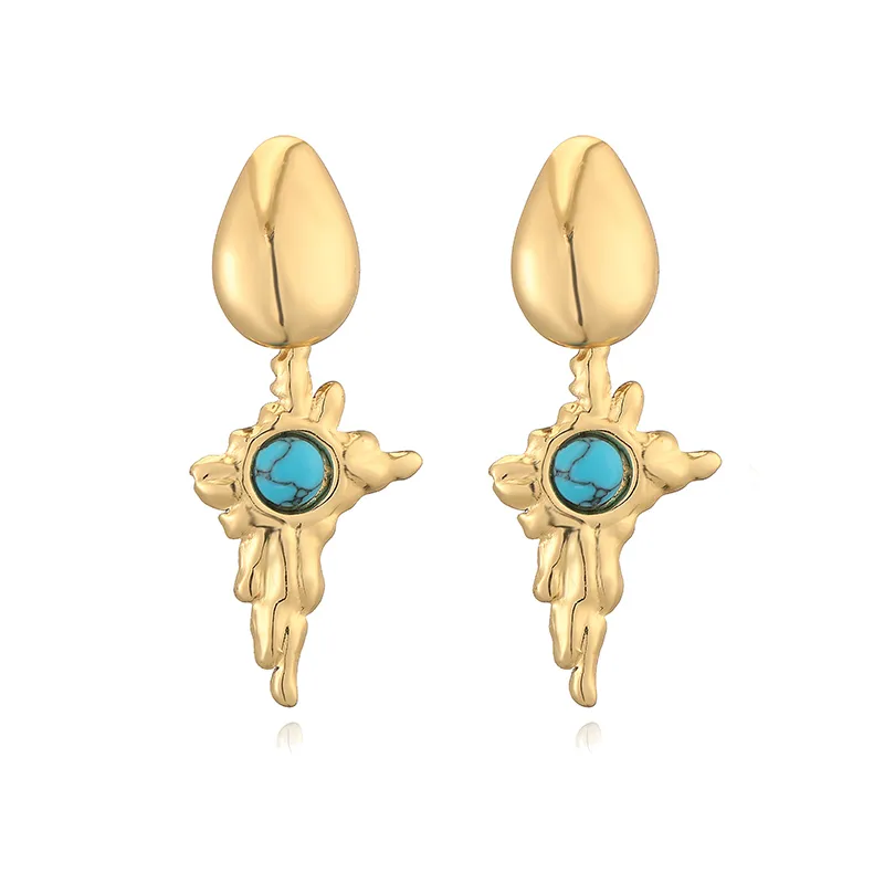 1 Pair Retro Luxurious Water Droplets Petal Fish Tail Plating Inlay 304 Stainless Steel Artificial Turquoise 18K Gold Plated Drop Earrings Ear Studs display picture 9
