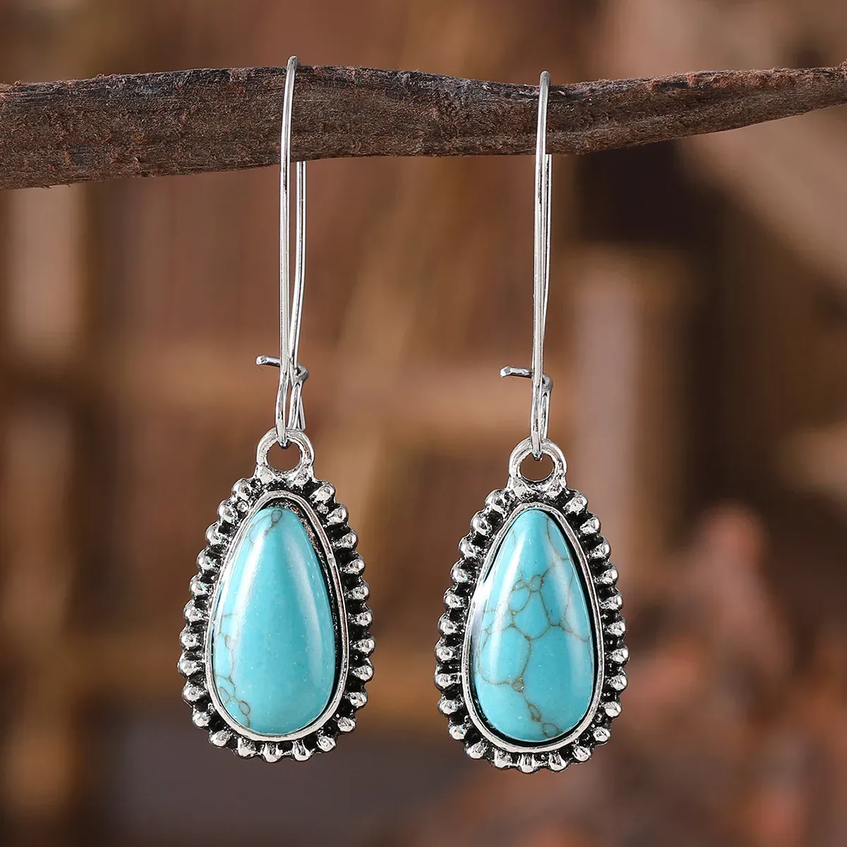 1 Pair Retro Water Droplets Alloy Turquoise Drop Earrings display picture 1