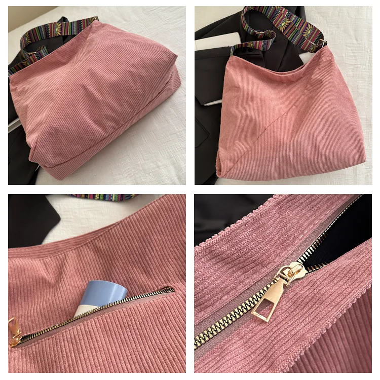 Women's Large Corduroy Solid Color Streetwear Sewing Thread Square Zipper Tote Bag display picture 2