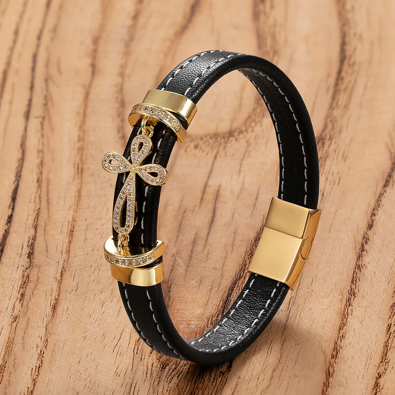 Retro Punk Simple Style Cross 316L Stainless Steel  Leather Rope Women's Men's Bracelets display picture 6