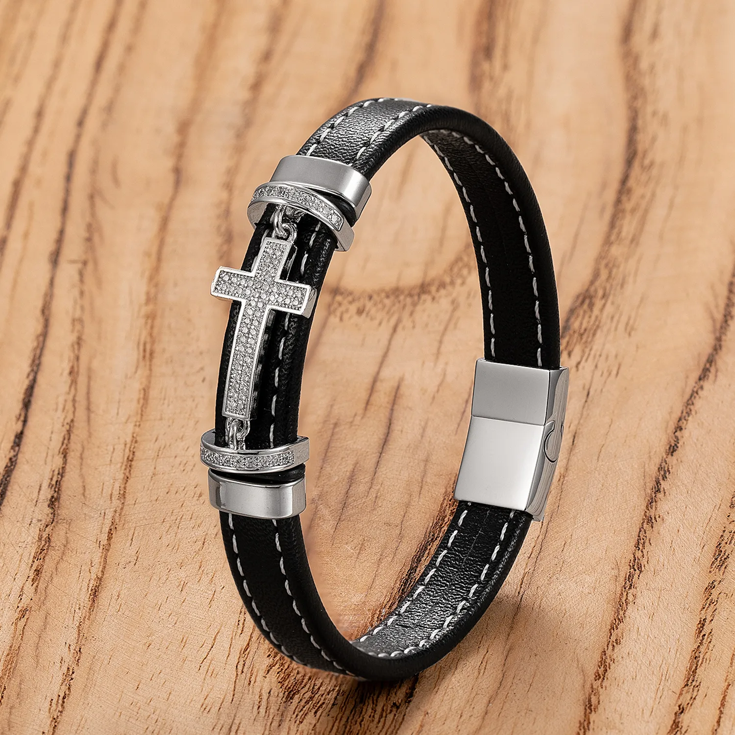 Retro Punk Simple Style Cross 316L Stainless Steel  Leather Rope Women's Men's Bracelets display picture 4