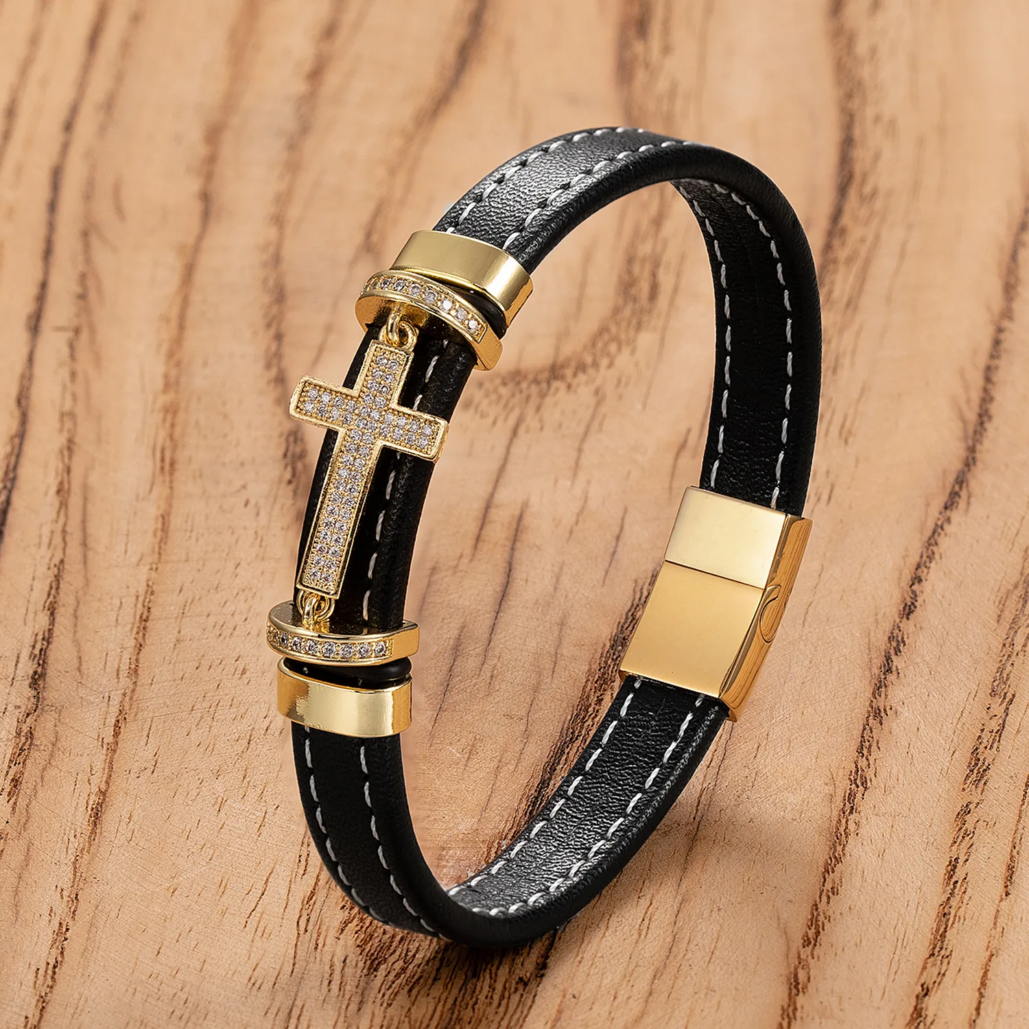Retro Punk Simple Style Cross 316L Stainless Steel  Leather Rope Women's Men's Bracelets display picture 5