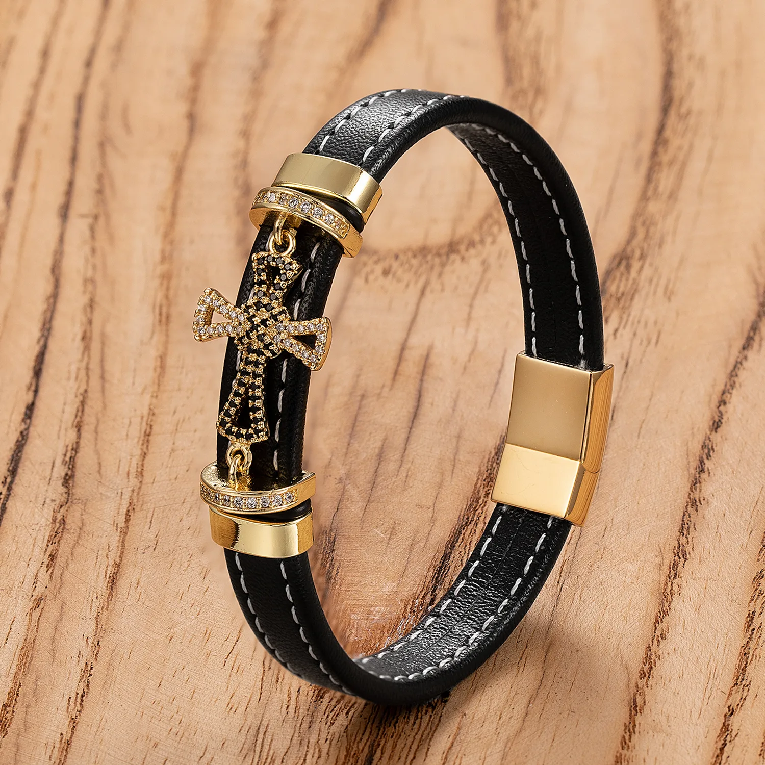 Retro Punk Simple Style Cross 316L Stainless Steel  Leather Rope Women's Men's Bracelets display picture 7