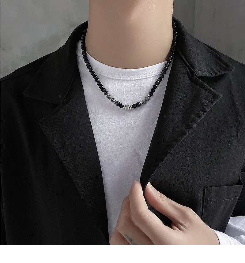 Niche Design High-end Feeling New Stainless Steel Men's Necklace Natural Tiger Eye Stone Map Stone Beaded OT Buckle Necklace display picture 1