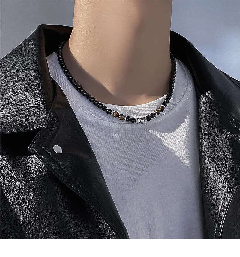 Niche Design High-end Feeling New Stainless Steel Men's Necklace Natural Tiger Eye Stone Map Stone Beaded OT Buckle Necklace display picture 2
