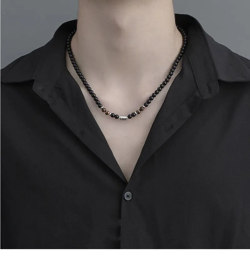 Niche Design High-end Feeling New Stainless Steel Men's Necklace Natural Tiger Eye Stone Map Stone Beaded OT Buckle Necklace display picture 3