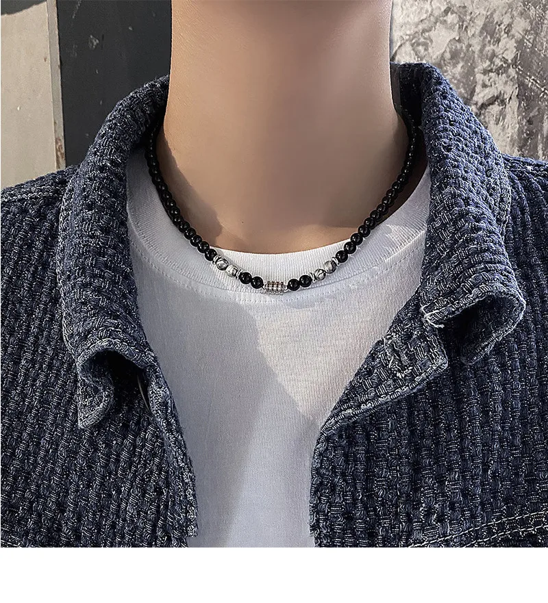 Niche Design High-end Feeling New Stainless Steel Men's Necklace Natural Tiger Eye Stone Map Stone Beaded OT Buckle Necklace display picture 4