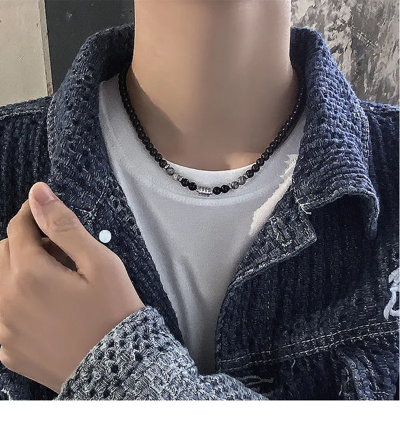 Niche Design High-end Feeling New Stainless Steel Men's Necklace Natural Tiger Eye Stone Map Stone Beaded OT Buckle Necklace display picture 5