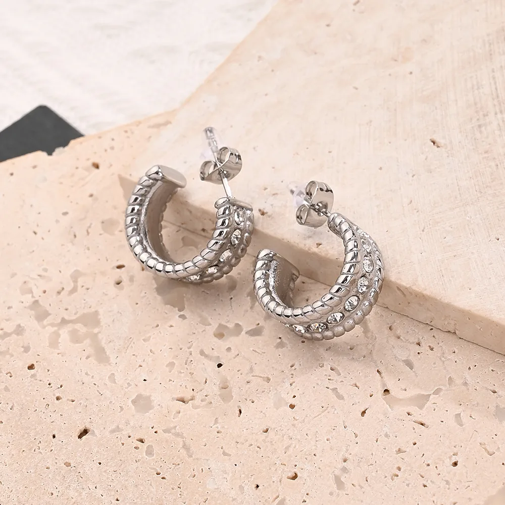1 Pair/Package Casual Vacation Modern Style C Shape U Shape Handmade Polishing Plating 304 Stainless Steel Rhinestones 18K Gold Plated Earrings Ear Studs display picture 2
