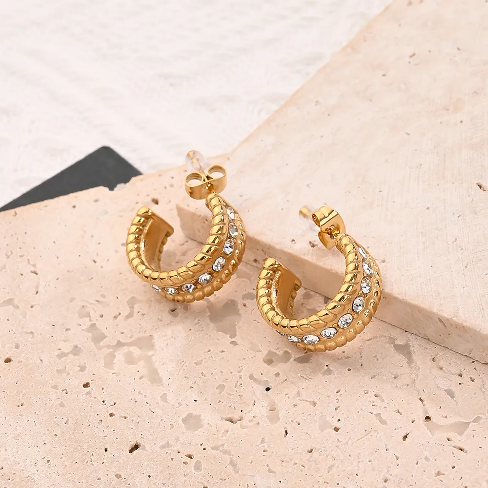 1 Pair/Package Casual Vacation Modern Style C Shape U Shape Handmade Polishing Plating 304 Stainless Steel Rhinestones 18K Gold Plated Earrings Ear Studs display picture 3