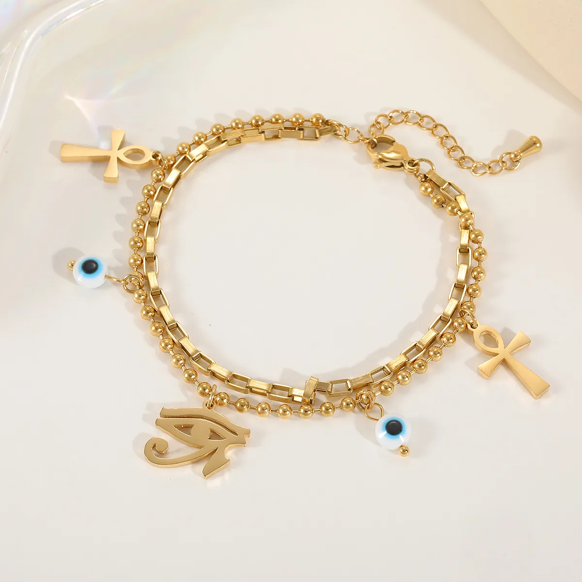 Casual Elegant Vintage Style Geometric Sun Devil's Eye 304 Stainless Steel Plating Inlay Acrylic Imitation Pearl Zircon 18K Gold Plated Women's Bracelets Necklace display picture 7