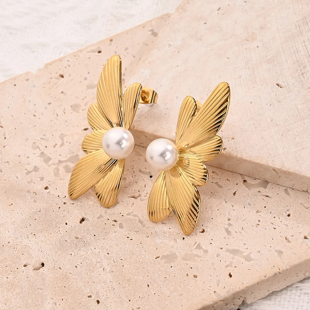 1 Pair/Package Casual Vacation Modern Style C Shape Light Wings Handmade Polishing Plating 304 Stainless Steel Acrylic Pearl 18K Gold Plated Ear Studs display picture 7