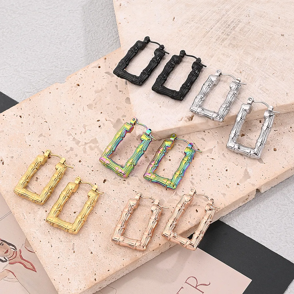 1 Pair/Package Casual Modern Style Simple Style Multicolor Bamboo Joint Simple Handmade Polishing Plating 304 Stainless Steel 18K Gold Plated Colorful Plating Rose Gold Plated Hoop Earrings Earrings display picture 1