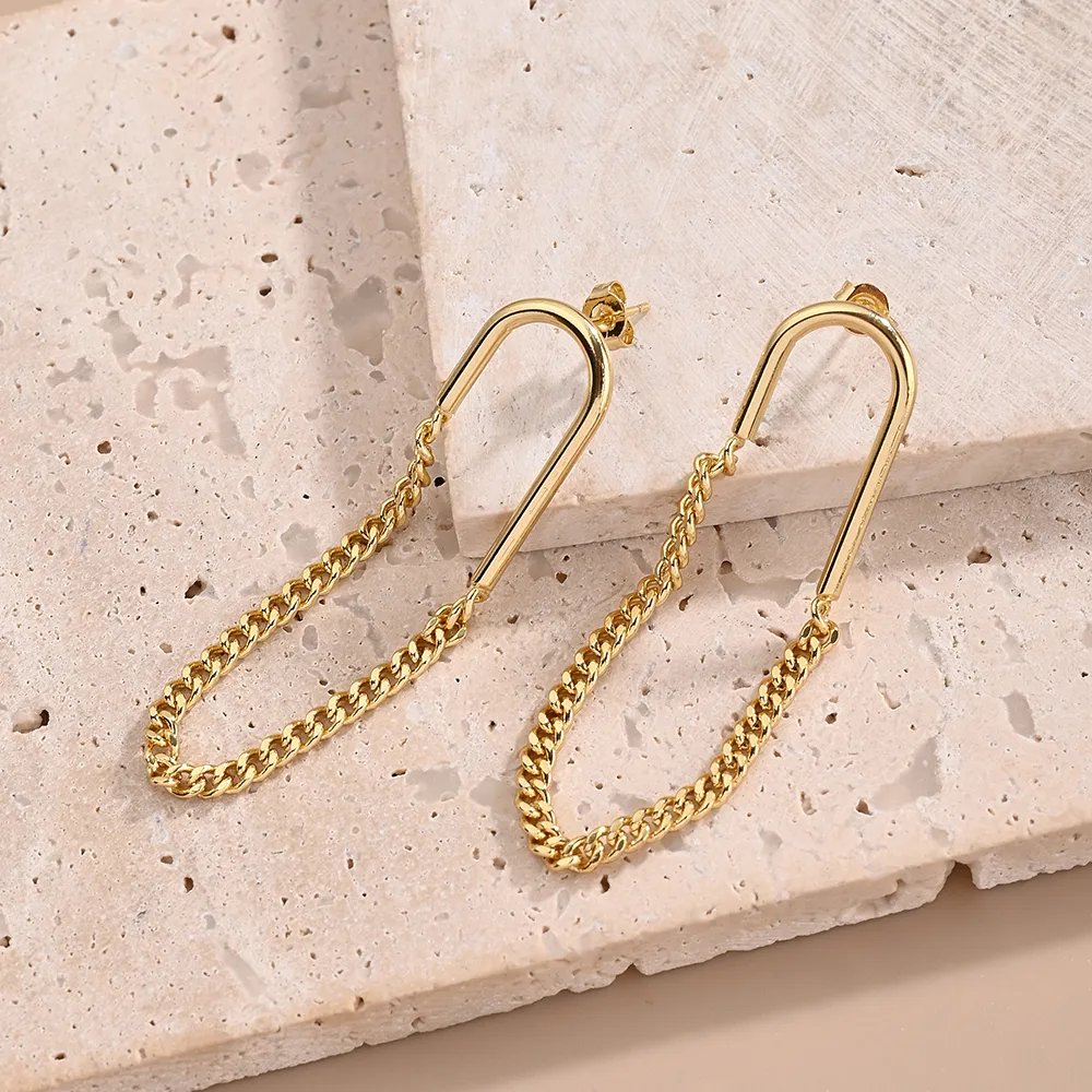 1 Pair/Package Casual Modern Style Artistic C Shape Circle Chain Handmade Polishing Plating Copper 18K Gold Plated Dangling Earrings Ear Studs display picture 3