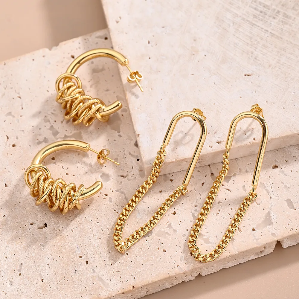 1 Pair/Package Casual Modern Style Artistic C Shape Circle Chain Handmade Polishing Plating Copper 18K Gold Plated Dangling Earrings Ear Studs display picture 1