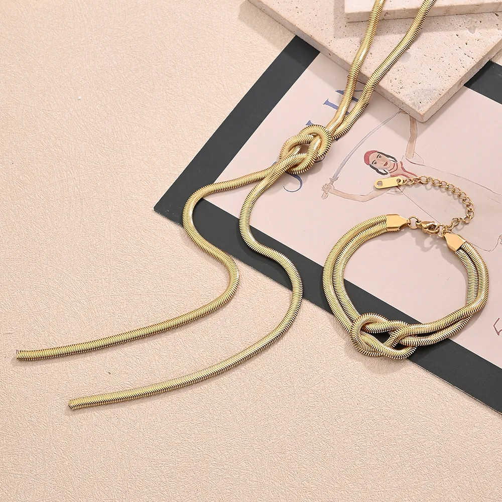 Casual Modern Style Streetwear Simple Solid Color Knot Stainless Steel Polishing Plating 18K Gold Plated Women's Bracelets Necklace Jewelry Set display picture 3