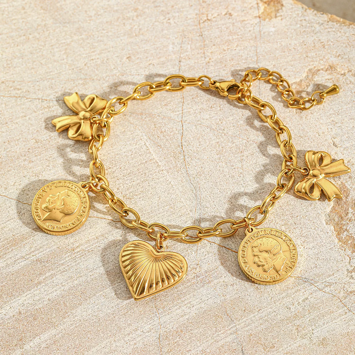 Casual Elegant Vintage Style Geometric Heart Shape Bow Knot 304 Stainless Steel Plating 18K Gold Plated Women's Bracelets Necklace display picture 1